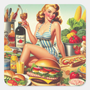 Vintage Food Pin-up Illustration Square Sticker