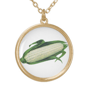 Vintage Food Vegetables White Corn on the Cob Gold Plated Necklace