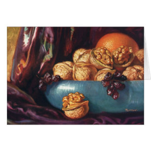Vintage Food, Walnuts and Fruit in a Blue Bowl Cards