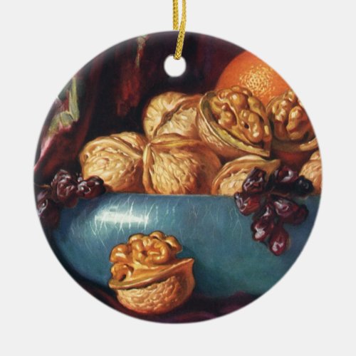 Vintage Food Walnuts and Fruit in a Blue Bowl Ceramic Ornament