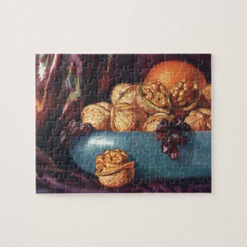 Vintage Food Walnuts and Fruit in a Blue Bowl Jigsaw Puzzle