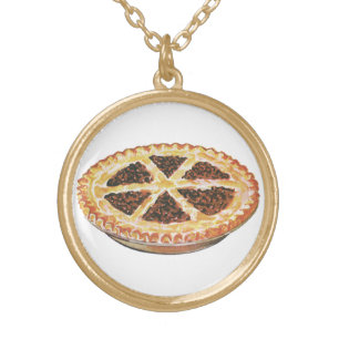 Vintage Foods Dessert, Fresh Baked Pecan Pie Gold Plated Necklace