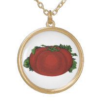 Vintage Foods, Ripe Tomato, Vegetables and Fruits Gold Plated Necklace