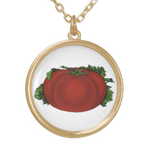 Vintage Foods, Ripe Tomato, Vegetables and Fruits Gold Plated Necklace