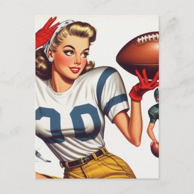 Vintage Football Girl Illustration Postcard (Front)
