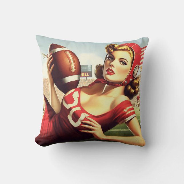 Vintage Football Girl Throw Pillow (Front)