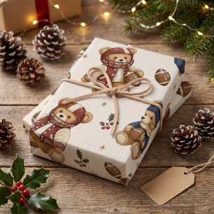 Vintage Football Teddy Bears Christmas Wrapping Pa Paper Sheets