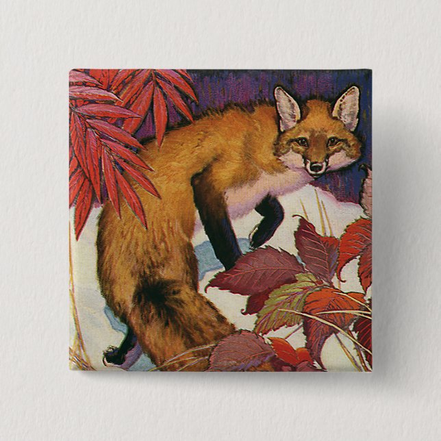 Vintage Forest Creatures Red Fox Wild Animal Pinback Button (Front)