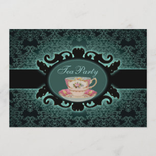 vintage forest damask floral teacup tea party invitation