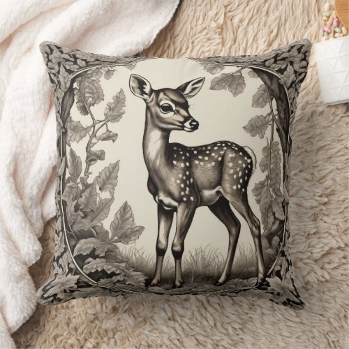 Vintage Forest Fawn Botanical Baby Deer  Throw Pillow