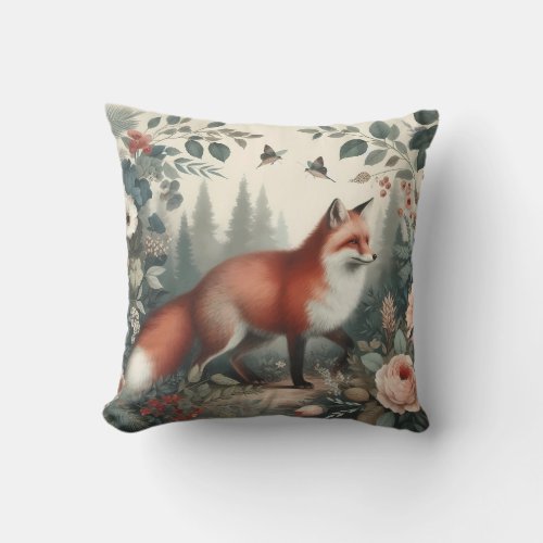 Vintage Forest Fox Botanical Floral Garden Throw P Throw Pillow