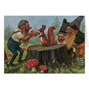 Vintage - Forest Gnomes Meet a Squirrel,