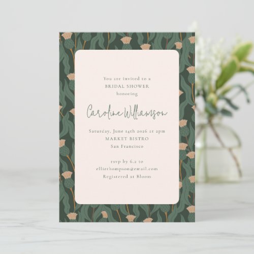 Vintage Forest Green Blush Floral Bridal Shower Invitation