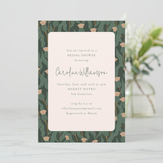 Vintage Forest Green Blush Floral Bridal Shower Invitation (Standing Front)