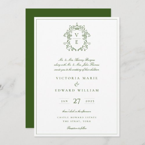 Vintage Forest Green Crest Monogram Wedding Invitation