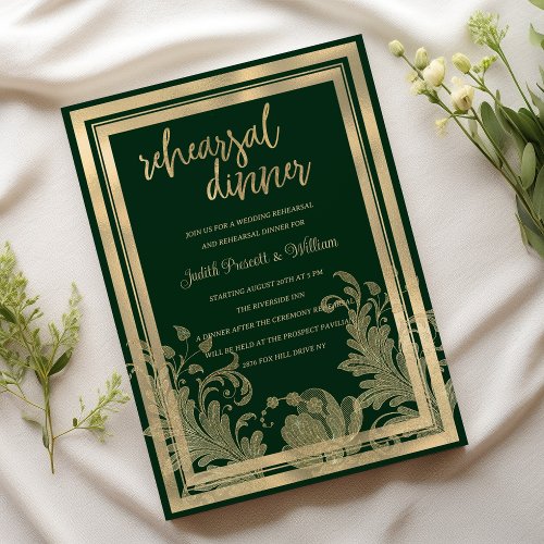Vintage forest green gold floral Rehearsal Dinner Invitation