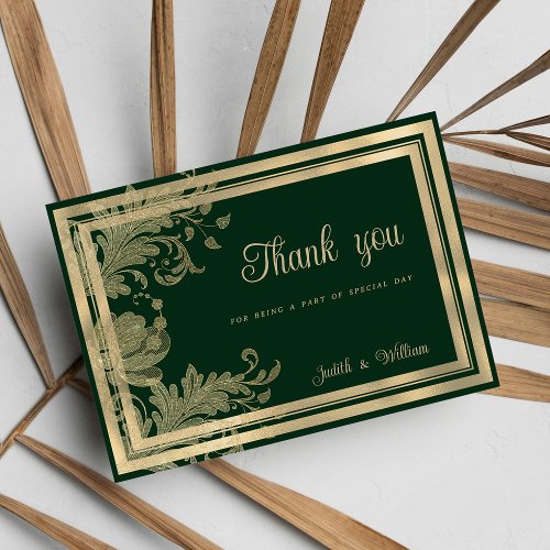 Vintage forest green gold floral Thank You Invitation