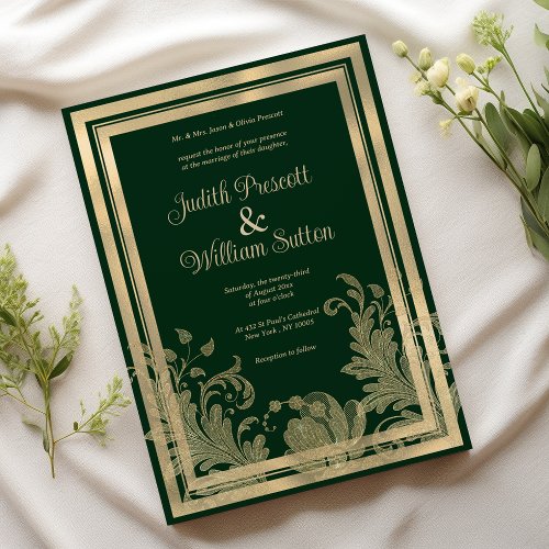 Vintage forest green gold floral wedding  invitation