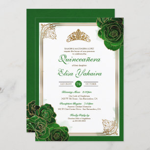 Vintage Forest Green Gold Roses Royal Quinceanera Invitation