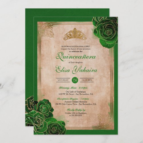 Vintage Forest Green Gold Roses Royal Quinceanera Invitation