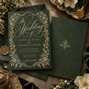 Vintage Forest Green Ornate Floral Wedding Invitation