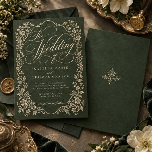 Vintage Forest Green Ornate Floral Wedding Invitation