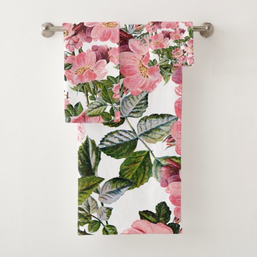 Vintage forest green pink coral bohemian floral bath towel set