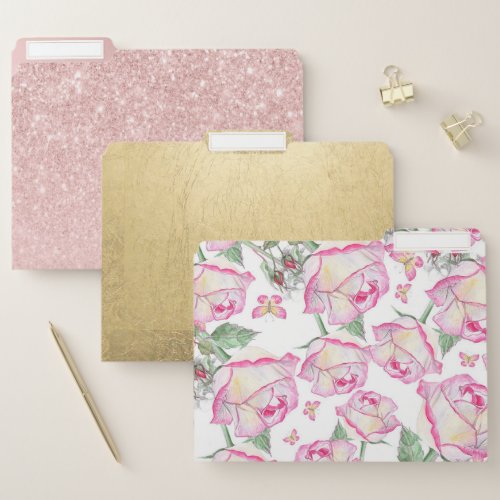 Vintage forest green pink coral bohemian floral file folder