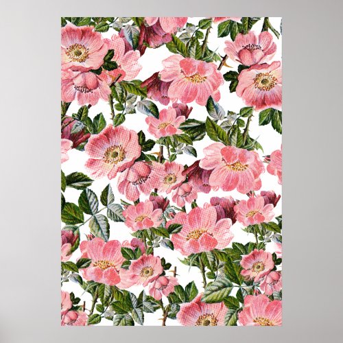Vintage forest green pink coral bohemian floral po poster
