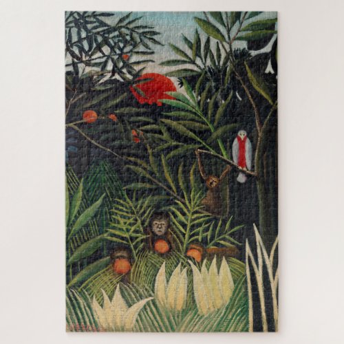 Vintage Forest Monkeys  Bird Illustration Art Jigsaw Puzzle