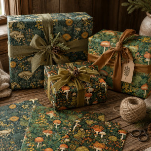 Vintage Forest Mushroom in Dark Green & Rustic Red Wrapping Paper Sheets