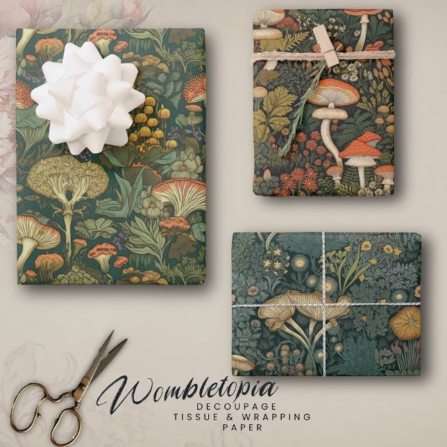 Vintage Forest Mushroom in Dark Green & Rustic Red Wrapping Paper Sheets (Creator Uploaded)