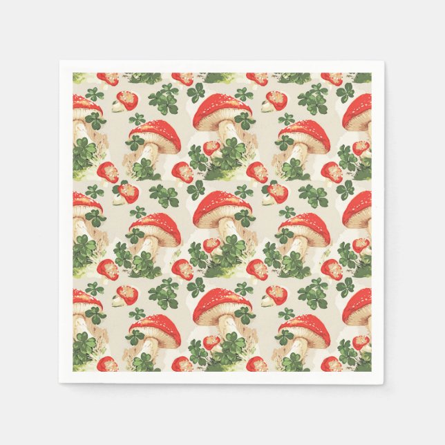 Vintage Forest Mushroom Lucky Clover Pattern Napkins (Front)