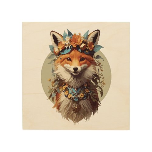 Vintage forest queen fox with flowers wood wall art
