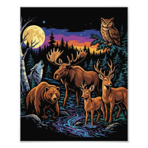 Vintage Forest Wildlife Animals Moose Bear Wolf De Photo Print