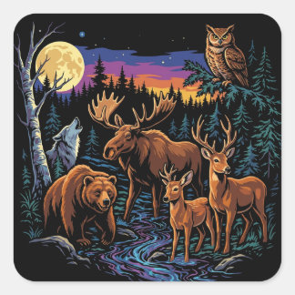 Vintage Forest Wildlife Animals Moose Bear Wolf De Square Sticker