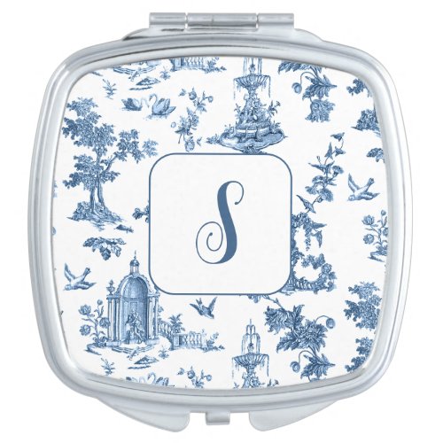 Vintage Fountains and Trees Toile wMonogram_Blue  Compact Mirror