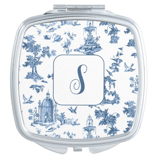 Vintage Fountains and Trees Toile w/Monogram-Blue  Compact Mirror (Front)