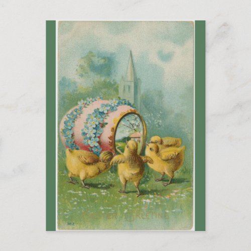 Vintage Four Chicks Egg and Church Easter Postcard