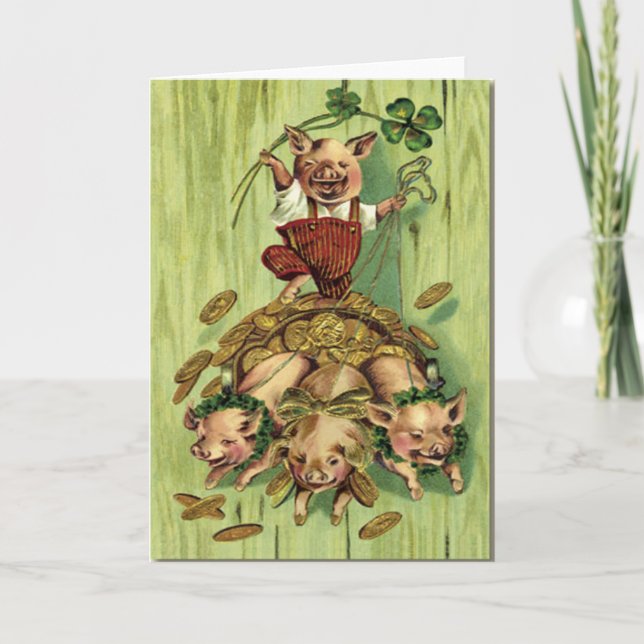 Vintage Four Leaf Clover Pig Gold St Patrick's Day Card (Front)