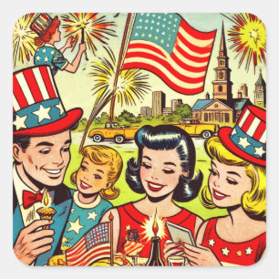 Vintage Fourth of July Family Comics Square Sticker