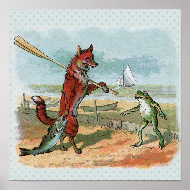 Vintage Fox and Frog Beach Whimsical Illustration Poster (Front)