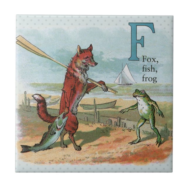 Vintage Fox and Frog Beach Whimsical Illustration Tile (Front)