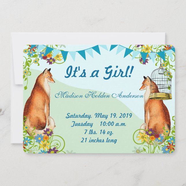 Vintage Fox Bunting Garden Baby Girl Announcement (Front)