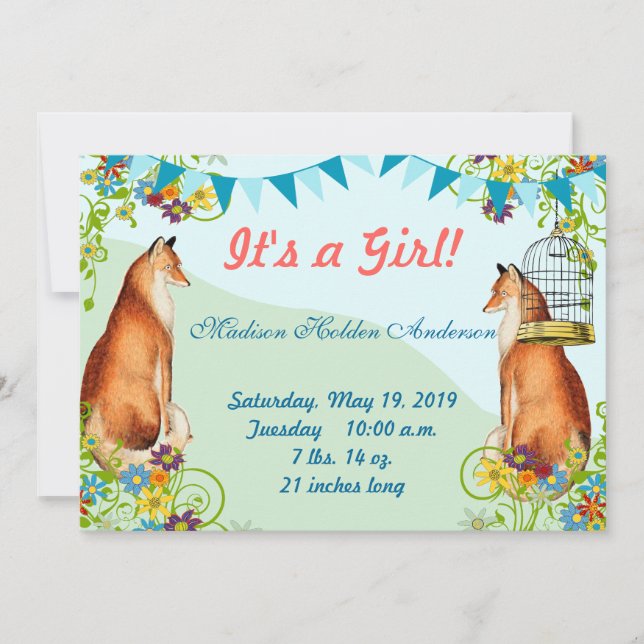 Vintage Fox Bunting Garden Baby Girl Announcement (Front)
