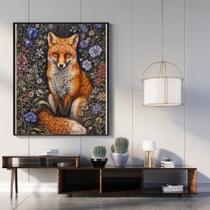 Vintage Fox Floral Art Poster Woodland Animal