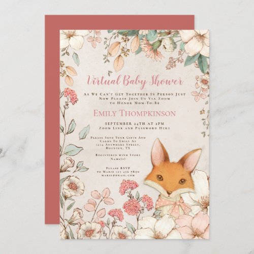 Vintage Fox Floral Cream White Virtual Baby Shower Invitation