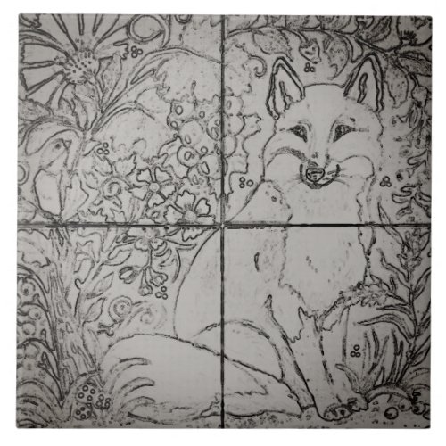 Vintage Fox Forest Tile Mural Bird Grapes  Gray
