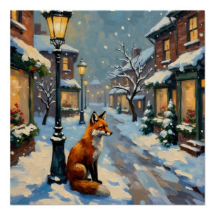 Vintage Fox Under Gas Lamp in Snowy Christmas Poster