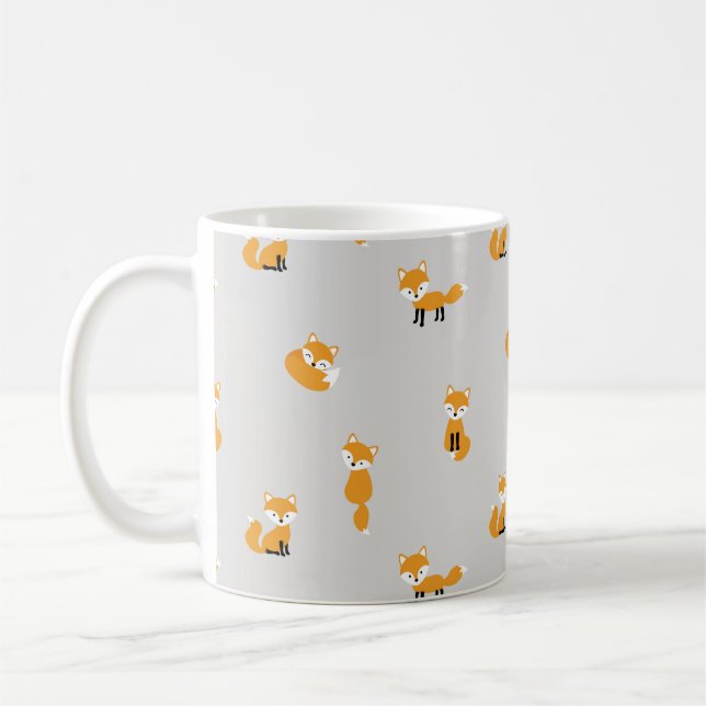 Vintage foxes, gray background pattern. coffee mug (Left)